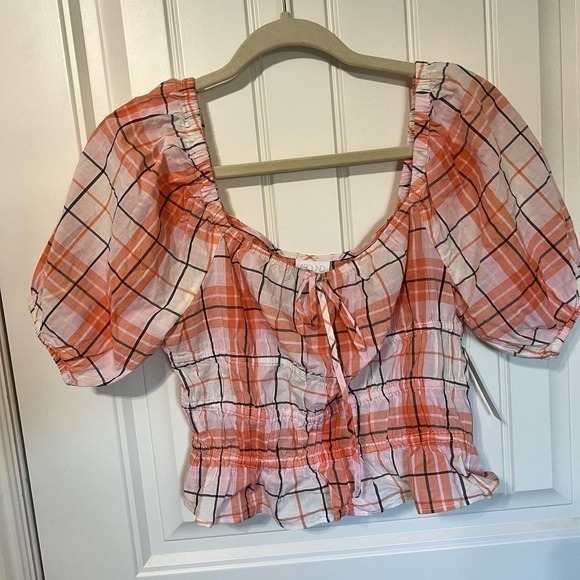 ABOUND Coral Plaid Puff Sleeve Crop Top Cottagecore Ruched Front Blouse‎ Size S - Picture 1 of 9